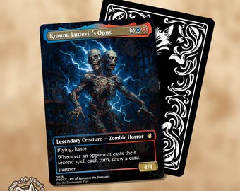 Op de afbeelding: Een verzamelkaart met Kraum, Ludevic's Opus, een tweehoofdige zombie-horrorcreatuur. De kaart heeft een blauwe en zwarte achtergrond met bliksemeffecten. De tekst bevat "Vliegen, haast" en "Partner". Een zwarte achterkant is zichtbaar.
