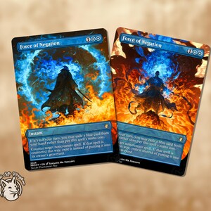 May include: Two "Force of Negation" trading cards. Each card features a figure in a dark cloak, surrounded by blue and orange flames. The text "Force of Negation" is at the top. The bottom text reads "Instant".