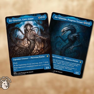 Peut inclure: Deux cartes de jeu Magic: The Gathering avec Jin-Gitaxias, Core Augur et Jin-Gitaxias, Progress Tyrant. Les cartes ont un fond bleu avec des illustrations détaillées des créatures. Le texte comprend les noms, les capacités et la puissance/endurance.