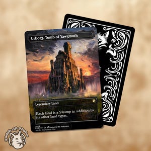 May include: A Magic: The Gathering card featuring the "Urborg, Tomb of Yawgmoth" artwork. The card displays a detailed illustration of a towering structure against a sunset backdrop. A black card with white decorative elements is behind it.