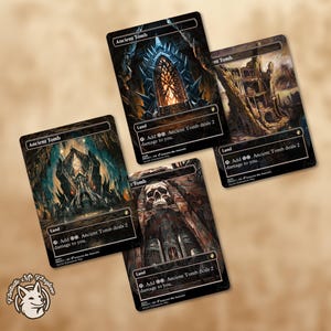 Könnte beinhalten: Vier "Ancient Tomb" Sammelkartenspielkarten. Jede Karte zeigt eine andere Fantasy-Landschaftsillustration mit einer dunklen Farbpalette. Der Text "Ancient Tomb" und Spielanweisungen sind auf jeder Karte sichtbar.