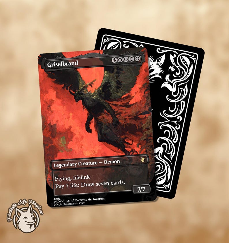 May include: A collectible card featuring a demonic creature with large wings against a red background. The card is labeled "Griselbrand" and includes game text. A black card with white decorative patterns is behind it.