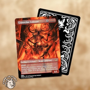 May include: A trading card titled Craterclaw Colossus featuring a red-toned illustration of a horned beast construct. The card text includes Haste and a power/toughness of 5/5. It is displayed alongside a black card back with white filigree patterns.