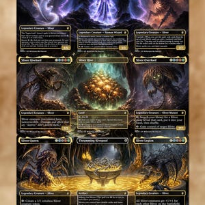 May include: A collection of nine trading cards featuring fantasy artwork of creatures and landscapes. Each card displays text including names like Sliver Gravemother, Rukarumel, Biologist, The First Sliver, Sliver Hivelord, Sliver Hive, Sliver Overlord, Sliver Queen, Thrumming Hivepool, and Sliver Legion.
