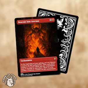 May include: A fantasy card titled "Descent into Avernus" with a fiery hellscape illustration. The card has a red border and includes game text. A black card back with a white decorative design is visible.