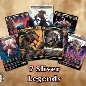 May include: Seven collectible trading cards featuring fantasy art of various creatures. Each card has a unique design with vibrant colors and detailed illustrations. The cards are labeled with the text "Sliver Legends".