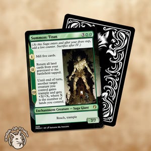 May include: A green and black "Summon: Titan" trading card with a giant creature illustration. The card features text describing game actions and a 7/7 power/toughness rating. A black card back with a white ornate design is visible.