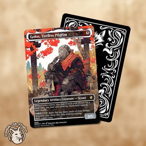 May include: A trading card featuring "Golos, Tireless Pilgrim" with a detailed illustration of a figure in a red and black outfit. The card is set against a backdrop of red foliage and a black card with white decorative elements.