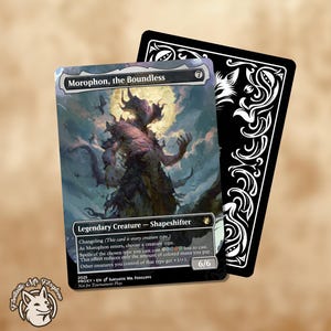May include: A collectible card featuring "Morophon, the Boundless," a legendary creature shapeshifter. The card has a detailed illustration of a fantastical being against a moonlit sky. The card's text includes game mechanics and a 6/6 power/toughness rating. A black card with a white design is behind it.