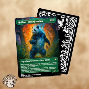 May include: A fantasy card featuring a blue and white panda bear spirit in a forest setting. The card is labeled "Hei Bai, Forest Guardian" and includes game text. A black card with white decorative swirls is behind it.
