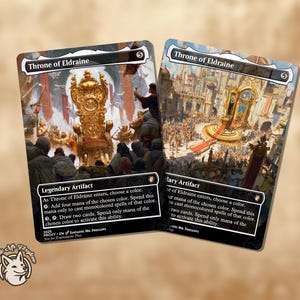 May include: Two "Throne of Eldraine" trading card game cards. One card features a golden throne with a crowd, the other shows a throne on a red carpet. Both cards have text and a "Fantastic Mr. Foxglove" logo.
