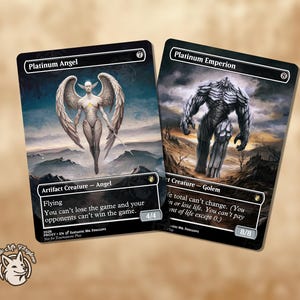 Op de afbeelding: Twee fantasy trading cards. Eén toont een gevleugelde engel met de tekst "Platinum Angel". De andere kaart toont een stenen golem met de tekst "Platinum Emperion". Beide kaarten hebben een zwarte rand en een landschapsachtergrond.