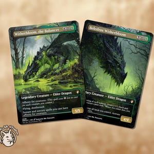 May include: Two collectible trading cards with dragon illustrations. One card is titled "Witherbloom, the Balancer" and the other "Beledros Witherbloom." The cards have a green and black colour scheme with text and a fantasy art style.