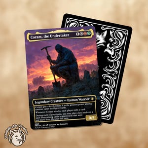 May include: A fantasy card featuring "Coram, the Undertaker," a cloaked figure with a shovel, set against a sunset. The card's text details its abilities as a Legendary Creature - Human Warrior. A second card with a decorative black and white design is visible.