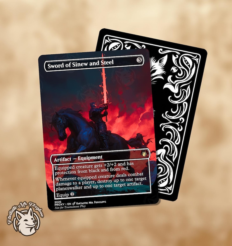 May include: A Magic: The Gathering card titled "Sword of Sinew and Steel" featuring a knight on a black horse with a red and black background. The card's text describes its artifact-equipment properties. A black card back is visible.