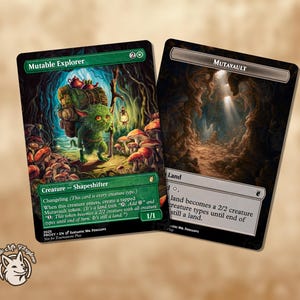May include: Two fantasy-themed trading cards. One card features a green creature labeled "Mutable Explorer" with a forest background. The other card is labeled "Mutavault" with a cave scene. The cards are for proxy play.