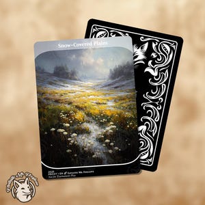May include: A card featuring a landscape painting of snow-covered plains with a stream of water. The card has a black border and the text "Snow-Covered Plains". The back of the card is black with white decorative swirls. The card is labeled "PROXY EN FANTASTIC MR. FOXGLOVE".