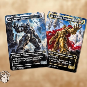 May include: Two rectangular trading cards featuring fantasy art. The left card shows a silver metallic golem titled Karn, Argent Defender. The right card shows a gold metallic golem with a red cape titled Karn, Gilded Guardian. Both cards display text.