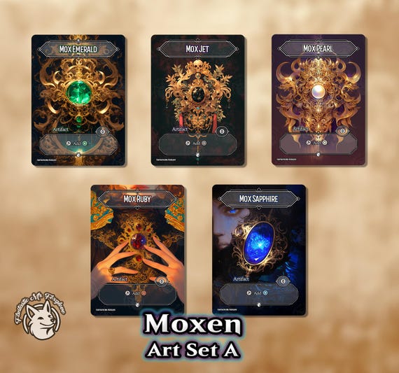 5 Moxen | Vintage Staple Proxy Cards — Mox Emerald, Jet, Sapphire, Ruby and Pearl of the Power 9 — Choose Your Art and Card Frame!