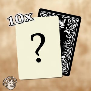 May include: Two playing cards. One card has a large black question mark on a cream background. The other card is black with white ornate designs. The text "10x" is above the cream card. A cartoon fox logo is in the bottom left corner.