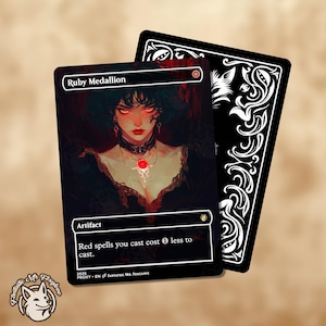 May include: A pair of fantasy art cards. The front card features a woman with red eyes and a ruby pendant, labeled "Ruby Medallion." The back card is black with white decorative swirls. Text reads "Red spells you cast cost 1 less to cast."