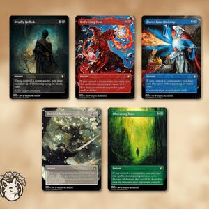 May include: Five Magic: The Gathering trading cards are displayed, each with unique artwork and text. The cards feature various fantasy themes, including a robed figure, a fiery scene, and a figure in a forest. The cards are in English.
