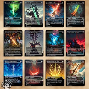 Puede incluir: Una colección de doce cartas coleccionables de fantasía. Cada carta presenta un diseño de espada único con colores vibrantes e ilustraciones detalladas. Las cartas están etiquetadas con títulos como "Sword of Body and Mind" y "Sword of Fire and Ice".