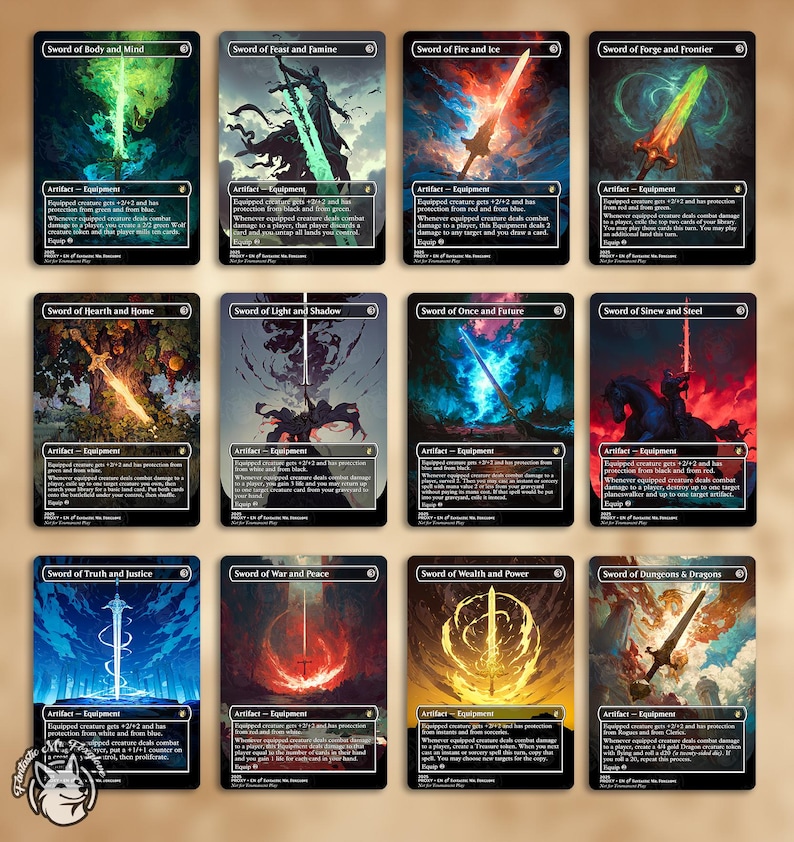 May include: A collection of twelve fantasy-themed trading cards. Each card features a unique sword design with vibrant colors and detailed artwork. The cards are labeled with titles such as "Sword of Body and Mind" and "Sword of Fire and Ice".