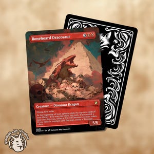 May include: A fantasy card featuring a red dinosaur dragon, titled "Bonehoard Dracosaur," with a pyramid and skulls in the background. The card has a 5/5 power and toughness rating. A black card with white ornate designs is behind it. A logo with a dog is in the corner.