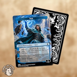 May include: A Jace trading card featuring a hooded figure casting blue magic amidst floating rocks. The card text includes abilities for surveil and drawing a card. Behind it lies a black card back with white ornate filigree and a fox head icon.