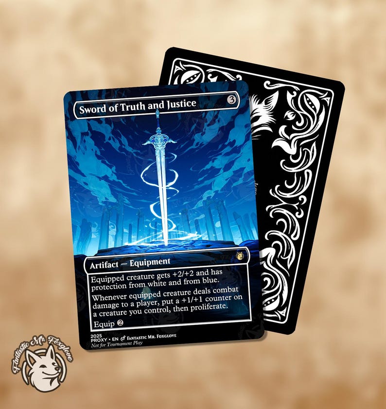 May include: A Magic: The Gathering proxy card titled "Sword of Truth and Justice" with a blue and white illustration of a sword. The card has a black border and a white fox logo. The card's text describes its abilities.