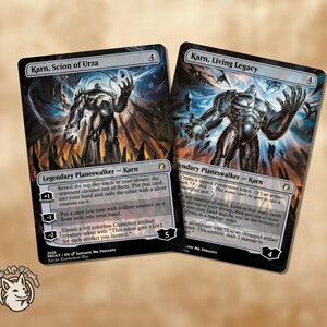May include: Two Magic: The Gathering trading cards featuring Karn, a Planeswalker character. The cards have a dark, detailed illustration of Karn in a dynamic pose, with text describing the card's abilities. The cards are set against a blurred background.