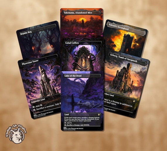 7 Black Lands | Proxy Cards — Cabal Coffers, Phyrexian Tower, Urborg, Takenuma, Volrath's Stronghold, Bojuka Bog, Lake of the Dead