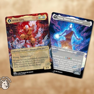 May include: Two collectible trading cards featuring Avatar Aang from the animated series. One card shows Aang in a fiery scene, the other in a blue, ethereal setting. Both cards have detailed artwork and text descriptions.