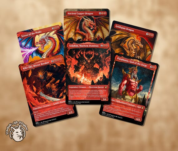 6+ Iconic Red Creatures | Proxy Cards — Ancient Copper Dragon, Terror of the Peaks, Goldspan Dragon, Solphim, Purphoros, Kiki-Jiki