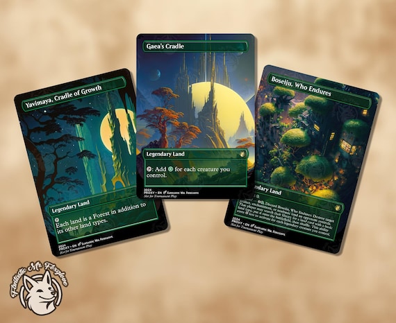 3 Green Lands | Proxy Cards — Gaea's Cradle, Boseiju Who Endures & Yavimaya Cradle of Growth