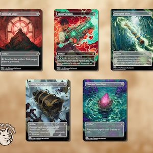 Puede incluir: Cinco cartas ilustradas de Magic: The Gathering con un tema de fantasía. Las cartas son "Tormod's Crypt", "Ghost Vacuum", "Disruptor Flute", "Gratdigger's Cage", y "Thorn of Amethyst".