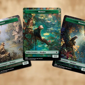 May include: Three fantasy art cards featuring monkeys in lush jungle settings. Each card has a green border with the word "Monkey" at the top. The cards are labeled "Token Creature - Monkey" and "Creature - Monkey".