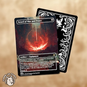 May include: A fantasy card titled "Sword of War and Peace" with a fiery red and orange background and a glowing sword. The card is an artifact and equipment. A black card with white decorative swirls is behind it.