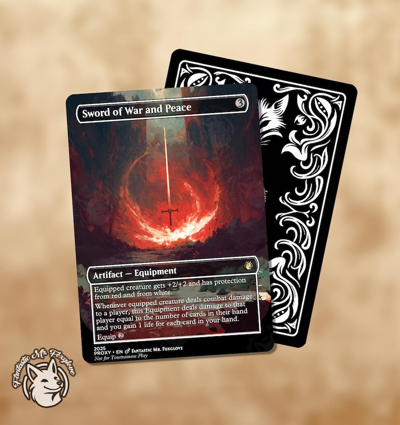 May include: A fantasy card titled "Sword of War and Peace" with a fiery red and orange background and a glowing sword. The card is an artifact and equipment. A black card with white decorative swirls is behind it.
