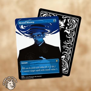 May include: A Magic: The Gathering card titled "Mental Misstep" featuring a blue-toned illustration of a person with blue accents. The card text includes "Instant" and game instructions. A black card with white ornate designs is behind it.