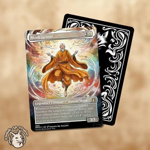 May include: A collectible card featuring a detailed illustration of a monk in orange robes with outstretched arms. The card is labeled "Monk Gyatso" and includes text describing its abilities. A black card with white decorative patterns is behind it.