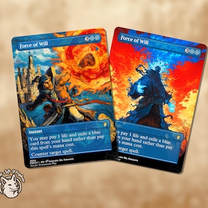 以下が含まれることがあります： 2枚の「Force of Will」トレーディングカード。1枚は青とオレンジ色の騎士、もう1枚は青と赤色のフード付きの人物が描かれています。各カードには「Force of Will」と「300」の文字があります。カードには「Instant」と「Counter target spell」と書かれています。