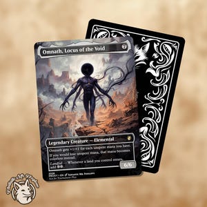 May include: A rectangular trading card titled Omnath, Locus of the Void featuring a dark, multi-limbed elemental creature in a desolate landscape. The card includes game text, a 6/6 power and toughness, and is paired with a black card back with white filigree.
