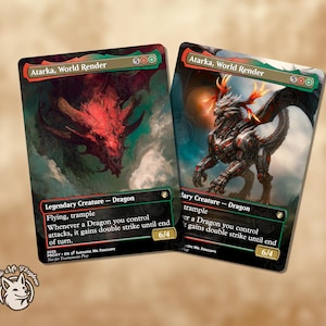 Puede incluir: Dos cartas de arte fantástico con dragones. La primera muestra la cabeza de un dragón rojo, la segunda un dragón mecánico con detalles rojos y plateados. Ambas cartas se titulan "Atarka, World Render".