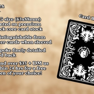 May include: Black playing card back with a white fox design and decorative border. The card is TCG size (63x88mm) and printed on black core card stock. Text on the card reads "Card Back".