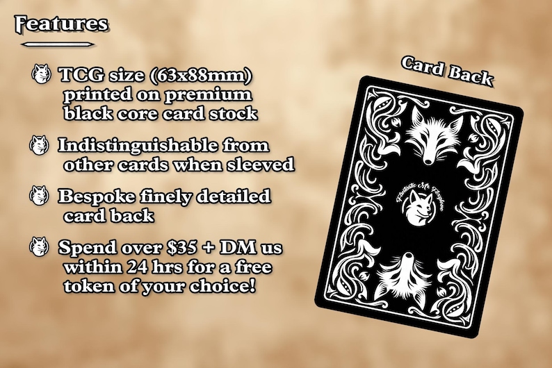 May include: Black playing card back with a white fox design and decorative border. The card is TCG size (63x88mm) and printed on black core card stock. Text on the card reads "Card Back".