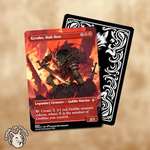 May include: A Magic: The Gathering card featuring "Krenko, Mob Boss," a green goblin warrior with a sword, set against a fiery background. The card is red and black, with text detailing its abilities. A black card back is visible.
