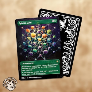 May include: A Sphere Grid card with a colorful geometric design, featuring a network of spheres in various colors. The card has the text "Sphere Grid" and "Enchantment". A black card with white decorative elements is behind it.