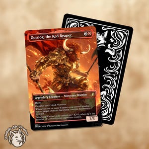 May include: A fantasy card featuring "Gornog, the Red Reaper," a minotaur warrior with a red cape and golden armor, set against a fiery background. The card has a 2/3 power/toughness and includes game text. A black card with white ornate designs is behind it.